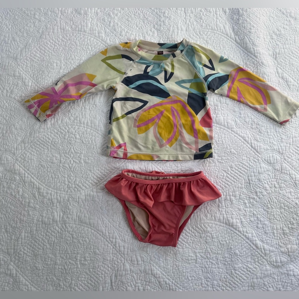 Tea Collection Baby Girl Floral Rash Guard Swim suit Ruffle Bikini Bottom 12-18M
